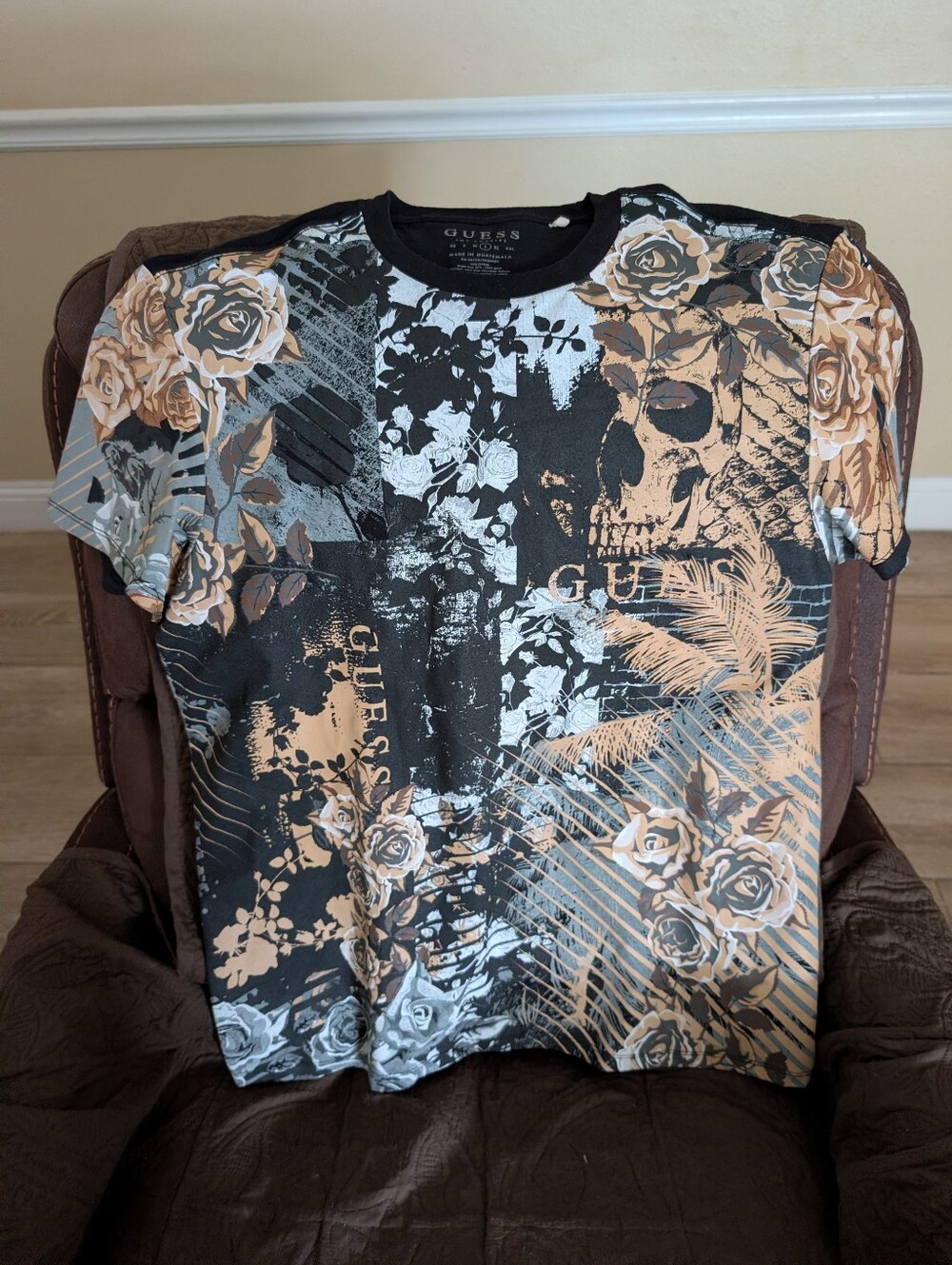GUESS Black and Tan Floral Skull Graphic Tee
